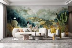 A serene landscape mural featuring a person painting in front of an easel.||