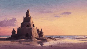 Alternative view of Tranquil Beach Sunset Sandcastle Wall Mural