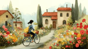 Alternative view of Tranquil Bicycle Ride in a Charming Landscape Wall Mural