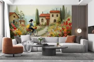 Girl riding a bicycle in a vibrant rural landscape with flowers||