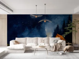 Serene camping scene with orange tent under starry night sky||