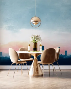Urban skyline under a soft blue sunrise with colorful gradient sky.||