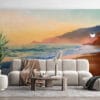 Watercolor coastal landscape mural depicting serene beach scene during sunrise