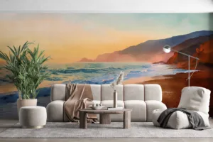 Watercolor coastal landscape mural depicting serene beach scene during sunrise||