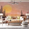 Watercolor desert landscape with cacti and a vibrant sunset
