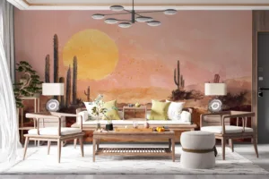 Watercolor desert landscape with cacti and a vibrant sunset||