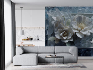 White flowers in a still life arrangement with ice elements