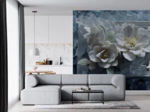 White flowers in a still life arrangement with ice elements