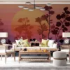 Layered design of floral silhouettes against a gradient sunset background||