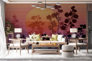 Layered design of floral silhouettes against a gradient sunset background||