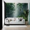 Tranquil forest path mural with lush greenery and misty atmosphere||