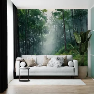 Tranquil forest path mural with lush greenery and misty atmosphere||