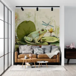 A frog sitting on a lily pad in a serene pond with dragonflies and water lilies.||