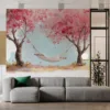 Serene hammock scene under blooming pink trees||