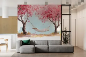 Serene hammock scene under blooming pink trees||