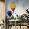 Hot air balloons in a serene landscape with a pastel sky||
