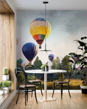 Hot air balloons in a serene landscape with a pastel sky||