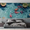 Serene underwater scene with colorful koi fish swimming among lily pads||