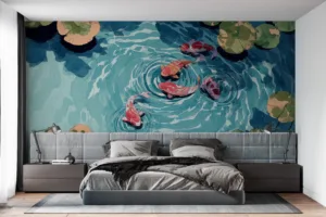 Serene underwater scene with colorful koi fish swimming among lily pads||