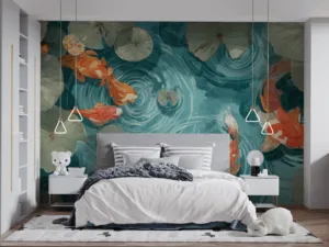 Serene koi pond with colorful koi fish and lily pads||