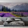 Lavender field landscape with mountains in the background||