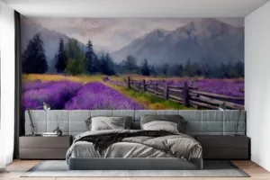 Lavender field landscape with mountains in the background||