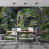 Serene medieval pathway surrounded by lush greenery and stone arches