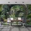Serene medieval pathway surrounded by lush greenery and stone arches||