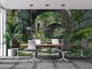 Serene medieval pathway surrounded by lush greenery and stone arches||