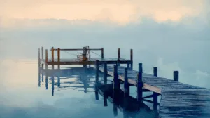 Alternative view of Tranquil Morning Mist at the Dock Wall Mural