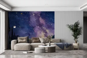 A rabbit on a road under a starry night sky||