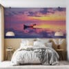 Serene ocean sunset with a floating bottle