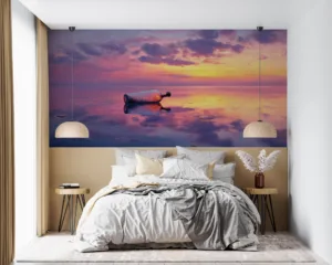 Serene ocean sunset with a floating bottle||