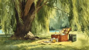 Alternative view of Tranquil Picnic Under a Willow Tree Wall Mural