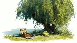 Alternative view of Tranquil Picnic Under Willow Tree Wall Mural
