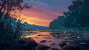 Alternative view of Tranquil Riverbank at Sunset Wall Mural