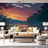 Serene riverbank at sunset with vibrant colors and glowing elements