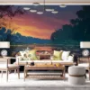 Serene riverbank at sunset with vibrant colors and glowing elements||