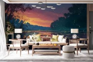 Serene riverbank at sunset with vibrant colors and glowing elements||