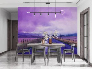 Long road stretching into a violet dusk in a tranquil rural landscape||