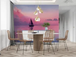 Watercolor scene of a sailboat on calm waters during sunset||