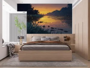 Serene riverbank scene at sunset with warm colors||
