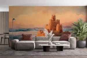 Tranquil beach scene with a sandcastle at sunset||
