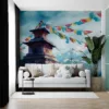 Watercolor mural of a tranquil temple in a mountainous landscape with prayer flags.||
