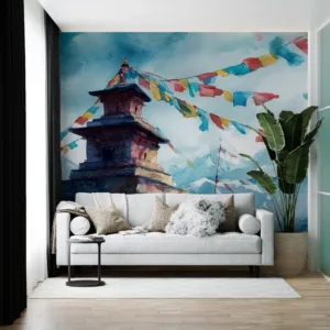 Watercolor mural of a tranquil temple in a mountainous landscape with prayer flags.||