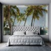 A serene tropical scene with palm trees and a hammock on a beach.