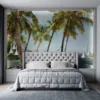 A serene tropical scene with palm trees and a hammock on a beach.||