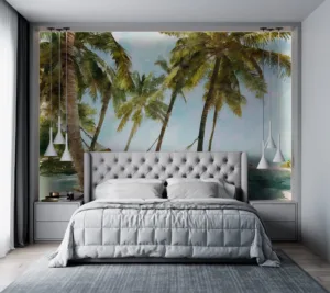 A serene tropical scene with palm trees and a hammock on a beach.||