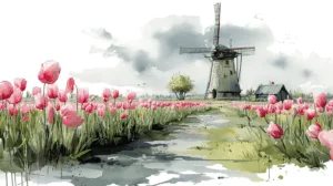 Alternative view of Tranquil Tulip Field with Windmill Wall Mural