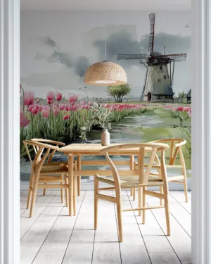 Country landscape with windmill and tulips||